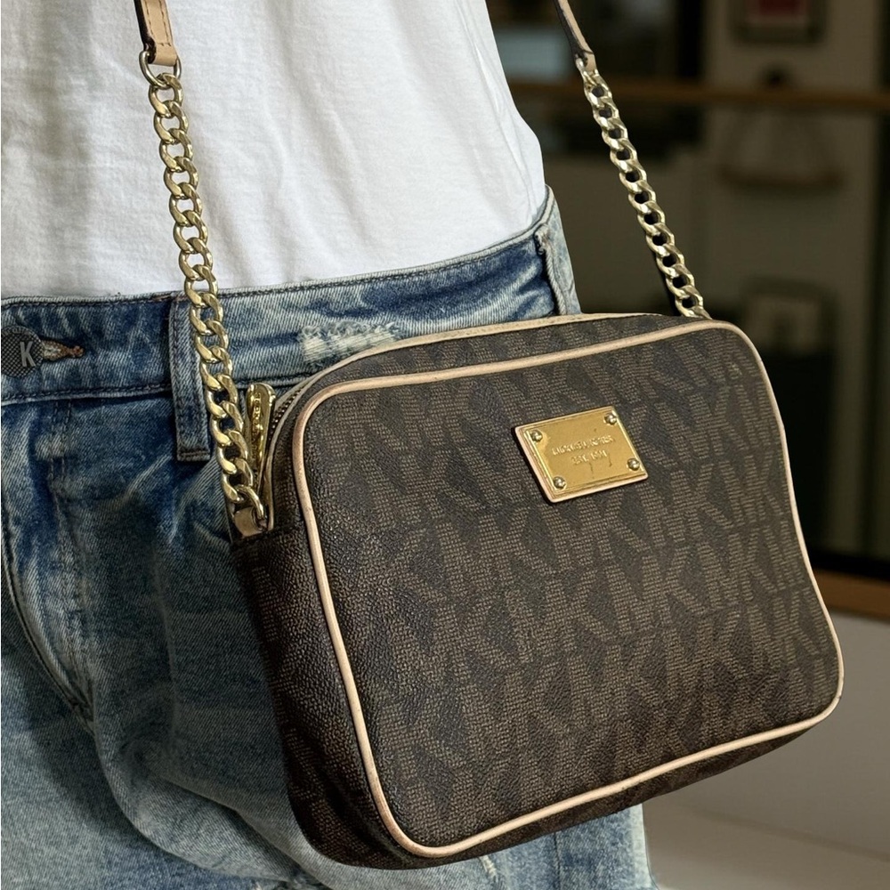 Michael Kors Brown Signature Monogram Crossbody Bag with Gold Accents - Picture 8 of 9